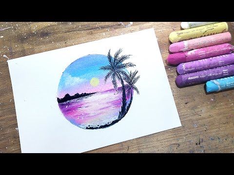 Oil pastel drawing, Sunset of Ocean and Palm Tree, Circle drwaing, healing art