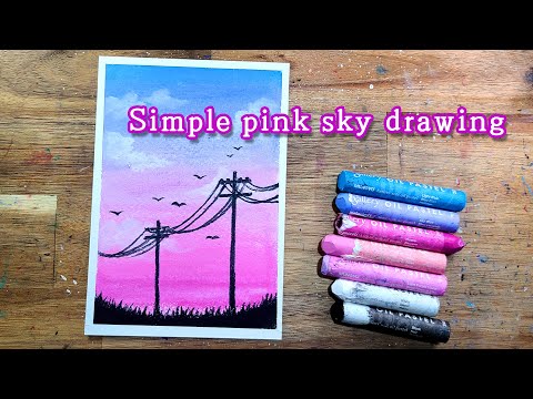 Oil pastel drawing, Simple pink sky drawing, healing art