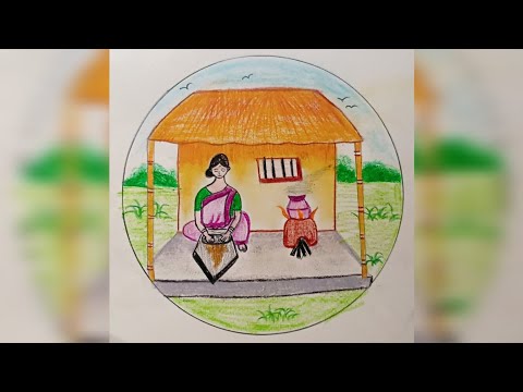 how to draw a village house /village woman working drawing