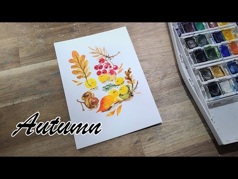 Autumn 2, leaves and fruits, cute character, watercolor illustration