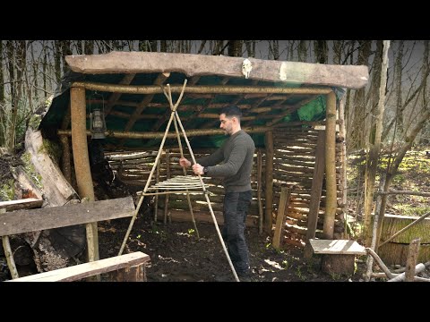 Building a Bushcraft Shelter: Walls, Bench, Meat Smoker: Cast Iron Cooking