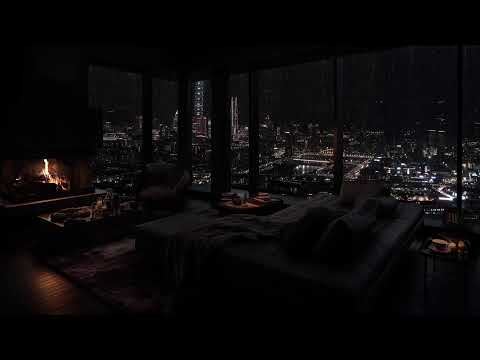 Sleep better with sounds of rain in an urban environment with a fireplace and soft lights