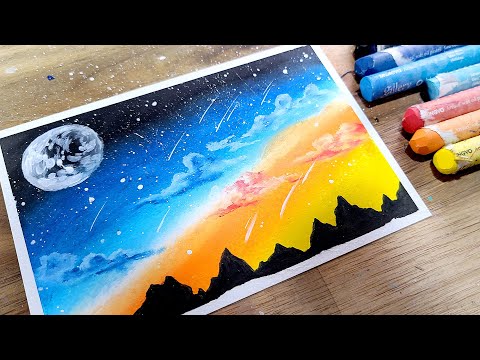 Oil pastel drawing, Simple drawing Meteor shower in fantasy, healing art