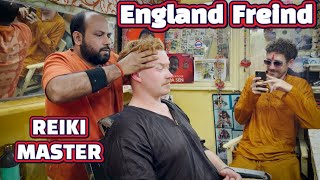 Asmr head massage by Reiki master to his England friend @ Cosmic baba sen’s barbershop Pushkar