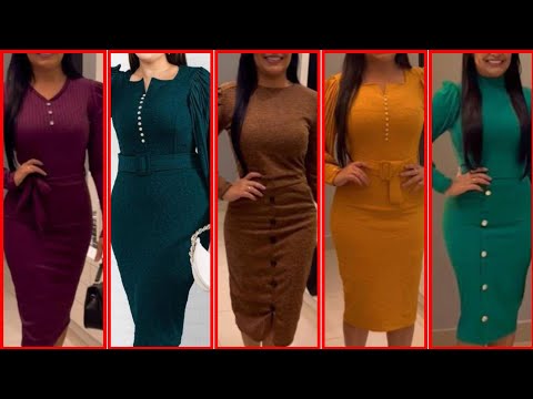 Knit Bodycon Metal Button Decoration Dress For Women Burgundy Elegant Long Sleeve Fabric2025