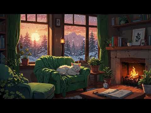 ❄️ Lofi - Snow Falling Outside with Fireplace| Cozy Winter Evening Vibes ❄️✨