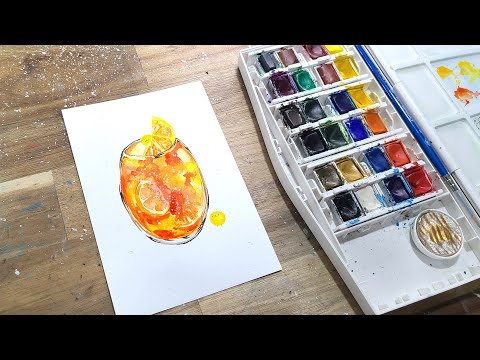 Cool ice-cube cup of orangeade, cute character, chickhen! watercolor illustration