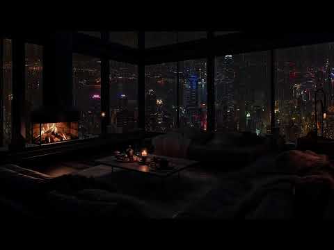 Cozy City Room with Firelight | Rain Sounds for Sleeping and Relieving Insomnia Symptoms