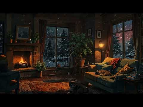 Cozy Fireplace Ambience & Starry Night – Lofi Beats with Cats & Snowfall 🌟🐱