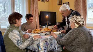 Happy old age of legendary grandparents in a mountain village, long-awaited visit of daughter