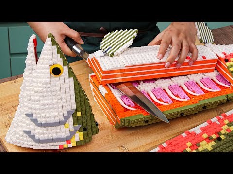 How to Fillet & Dry Aged GIANT Salmon Fish Recipe IRL - Lego Cooking ASMR