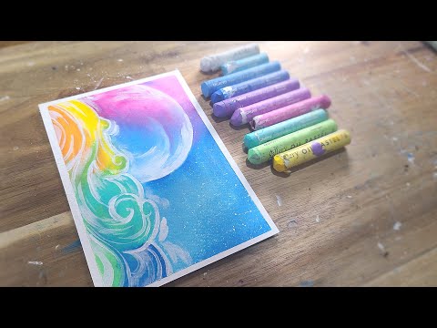 Oil pastel drawing, simple drawing Rainbow Wave and Moon, healing art