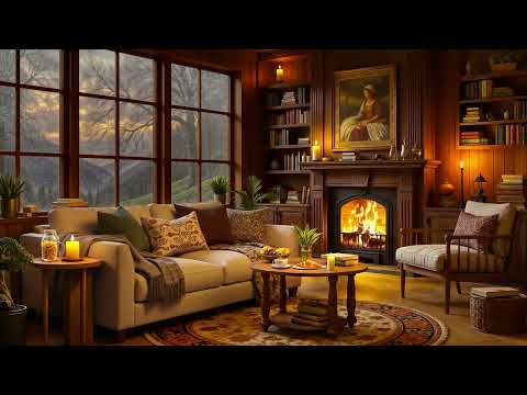 Rainy Day in the Mountains ⛈ Cozy Room Ambience with Soft Jazz, Rain & Fireplace Sounds for Relaxing