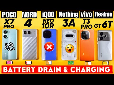 iQOO Neo 10R vs Nothing Phone 3A vs POCO X7 Pro vs  Nord 4 vs GT 6T vs vivo T3 Pro - Battery Drain