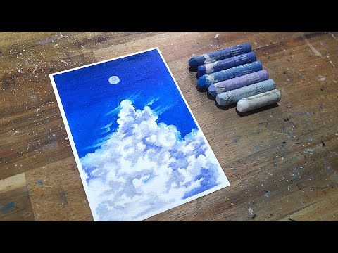 white cloud and blue sky drawing with oil pastel