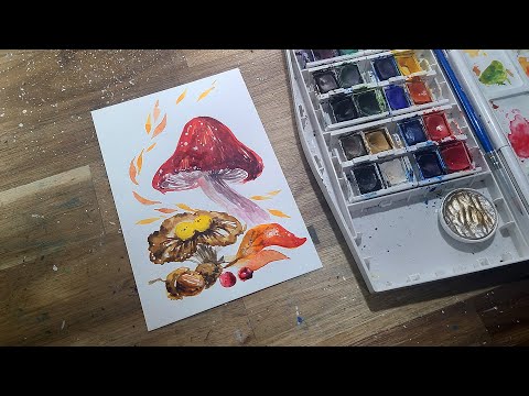 Autumn 3, Mushrooms and leaves, cute character, watercolor illustration