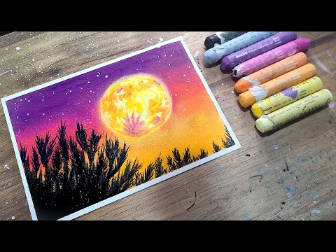 Oil pastel drawing, Full moon of autumn, healing art