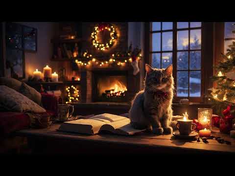 🔥Christmas Cat Cozy Fireplace Ambiance & Piano Music | Relaxing Study and Chill 🔥