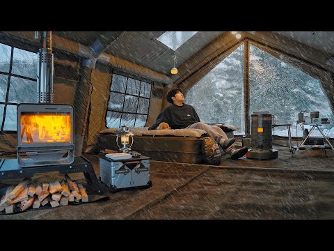 Camping in Snow with My Dog . 5-Star Hotel Air Tent . Wood Stove ASMR