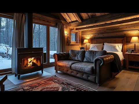 A cozy winter cabin, hiding in warm cabin and relaxing to sleep with the sound of a burning bonfire.