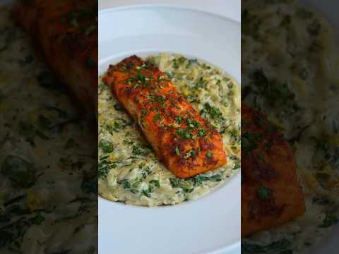 Broccoli-Spinach Orzo with Baked Garlic Salmon