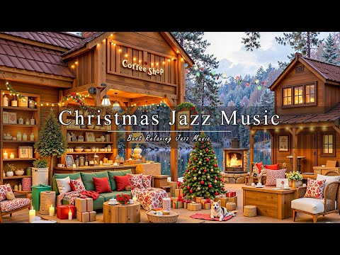 Warm Christmas Jazz Music🎄Snowy Ambience , Lakeside Cafe & Fireplace Sound for the Perfect Holiday