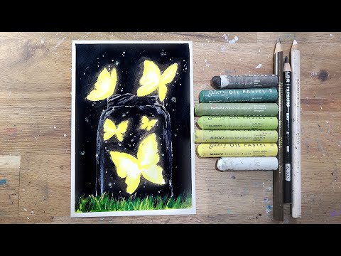 Oil pastel drawing, glowing butterfly drawing