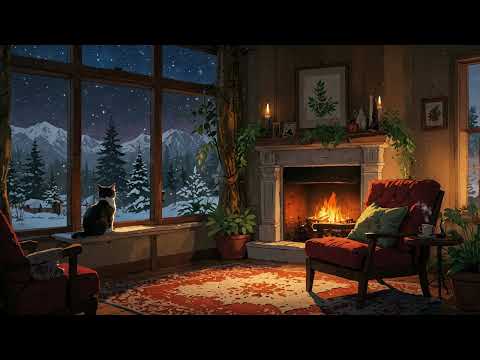 Starry Night Vibes with Cozy Fireplace 4K : Cat by the Fireplace with Snowy Mountain Views