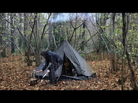 Solo Camping with a Woodstove in Heavy Rainstorm