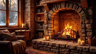 Cozy Fireplace Ambiance with Snow Falling Outside – Relaxing Crackling Fire Sounds for Sleep