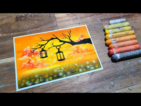 oil pastel sunset tree,sunset scenery, healing art