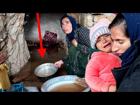 Rainwater entering the shelter of a pregnant mother and her young children