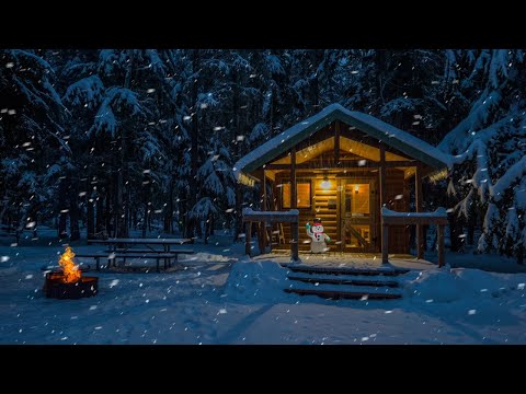 Overnight Winter Snowstorm In Cozy Log Cabin | Winter Wonderland