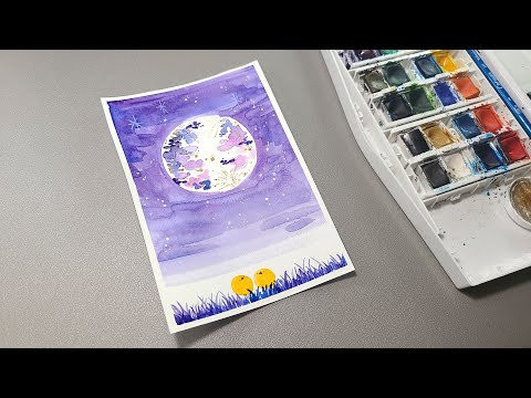 Purple moon! full moon, cute character, watercolor illustration