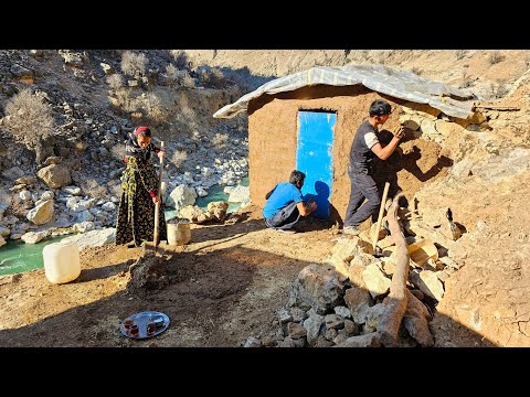 Daily life of nomads, straw, flower arranging, front view of the hut with family members