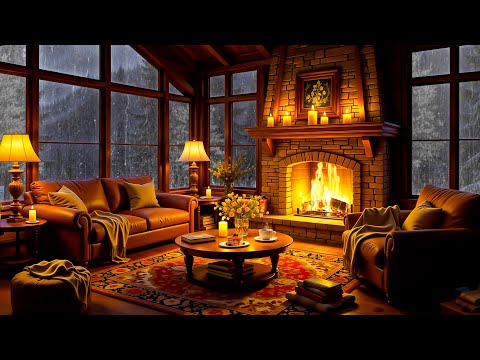 Rainy Night in Cozy Room Ambience ~ Warm Jazz Music 🌧️ Heavy Rain & Fireplace Sounds for Deep Sleep