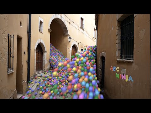 Balls flooding the old city, blender animation, rigid body simulation,  camera mapping, RBDLab addon