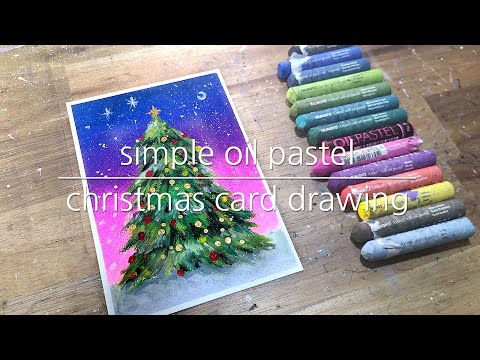 Shiny Christmas tree, Oil pastel drawing, winter scenery, Christmas card drawing, healing art