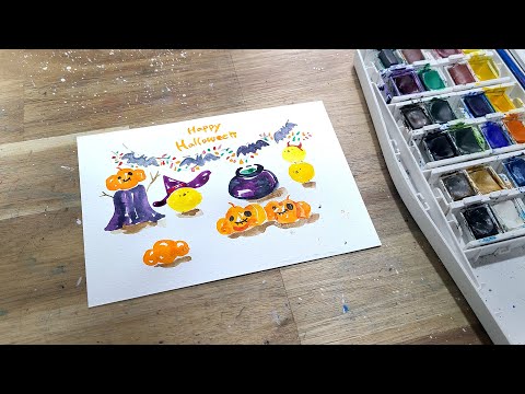 Happy Halloween, cute character, watercolor illustration