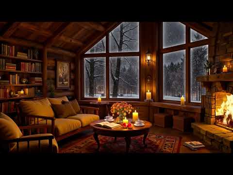 Cozy Winter Hut ❄ Relaxing Jazz, Crackling Fireplace & Blizzard Sounds for Sleep & Relaxation