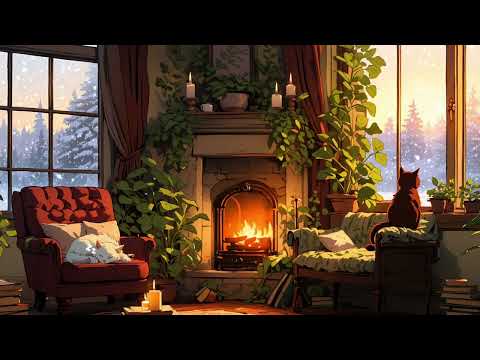 🔥 Cozy Winter Lofi – Warm Fireplace, Snowy View & Relaxing Cat Vibes 🐱❄️