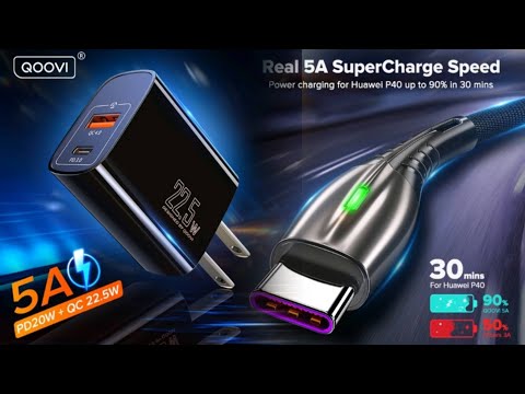 QOOVI 22.5W 5A Fast Charger Adoptor Dual Port and QOOVI 5A Type C USB Cable