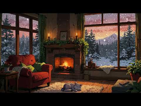 Winter Serenity 4K : Cat by the Cozy Fireplace with Snowy Mountain Views ❄️🐾🔥 #lofi