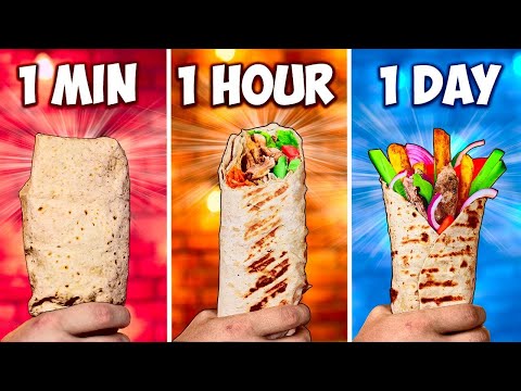 1 Minute vs 1 Hour vs 1 Day Shawarma , Hot Dog , Chips , Burger , Takos , Cake , Lasagna ,Onion ring