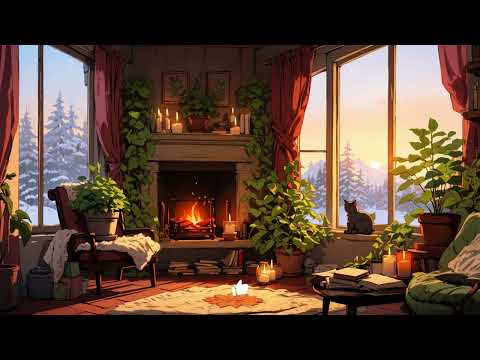 🔥 Warm Fireplace Lofi 4K - Cozy Winter Nights with Sleeping Cat & Chill Beats 🐱❄️