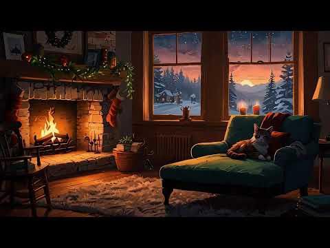 🔥Christmas Cat Cozy Fireplace Ambiance & Lofi Piano Music | Relaxing Study and Chill 🔥