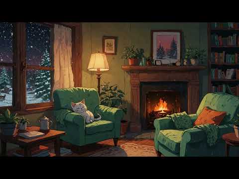 Cozy Fireplace Vibes with a Sleepy Cat 🐱🔥 | Relaxing Winter Lofi Beats for Study & Chill ❄️🎧