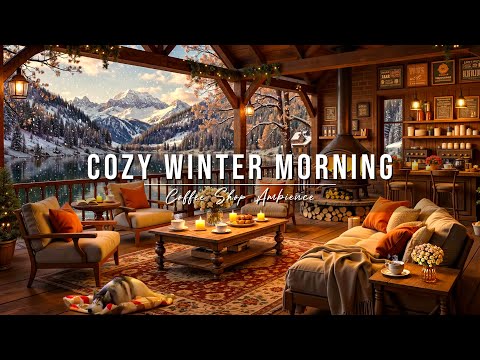 Winter Morning at Cozy Coffee Shop Ambience with Gentle Falling Snow ❄️ Smooth Jazz Music for Relax