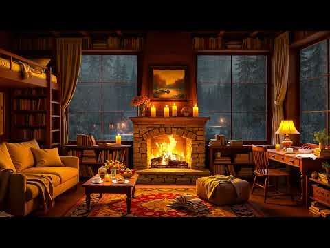 Cozy Cottage Ambience ~ Smooth Jazz Music ⛈ Heavy Rain & Fireplace Sounds for Stress Relief, Sleep