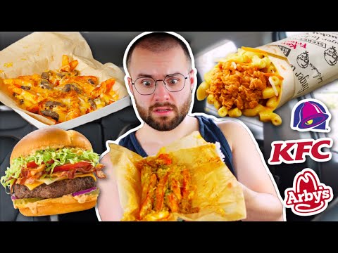 Eating NEW Fast Food Items For 24 HOURS! Taco Bell Grilled Cheese Fries, Arby's Good Burger 2 Meal!